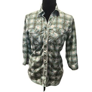 Krazy Kat Green Blue White Floral Plaid Snap Button Shirt 3/4 Sleeve Size Small